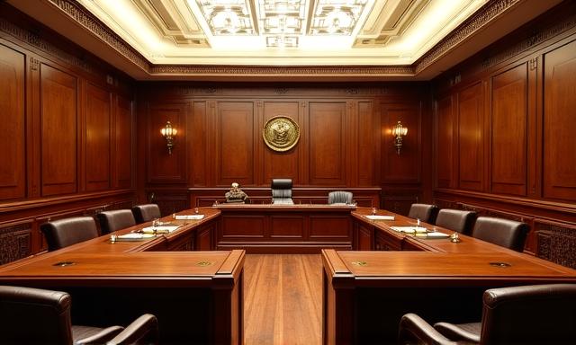 Professional view of a modern UK courtroom interior with wood paneling