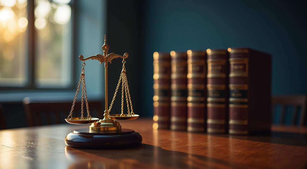 A professional legal setting with a focus on scales of justice and law books