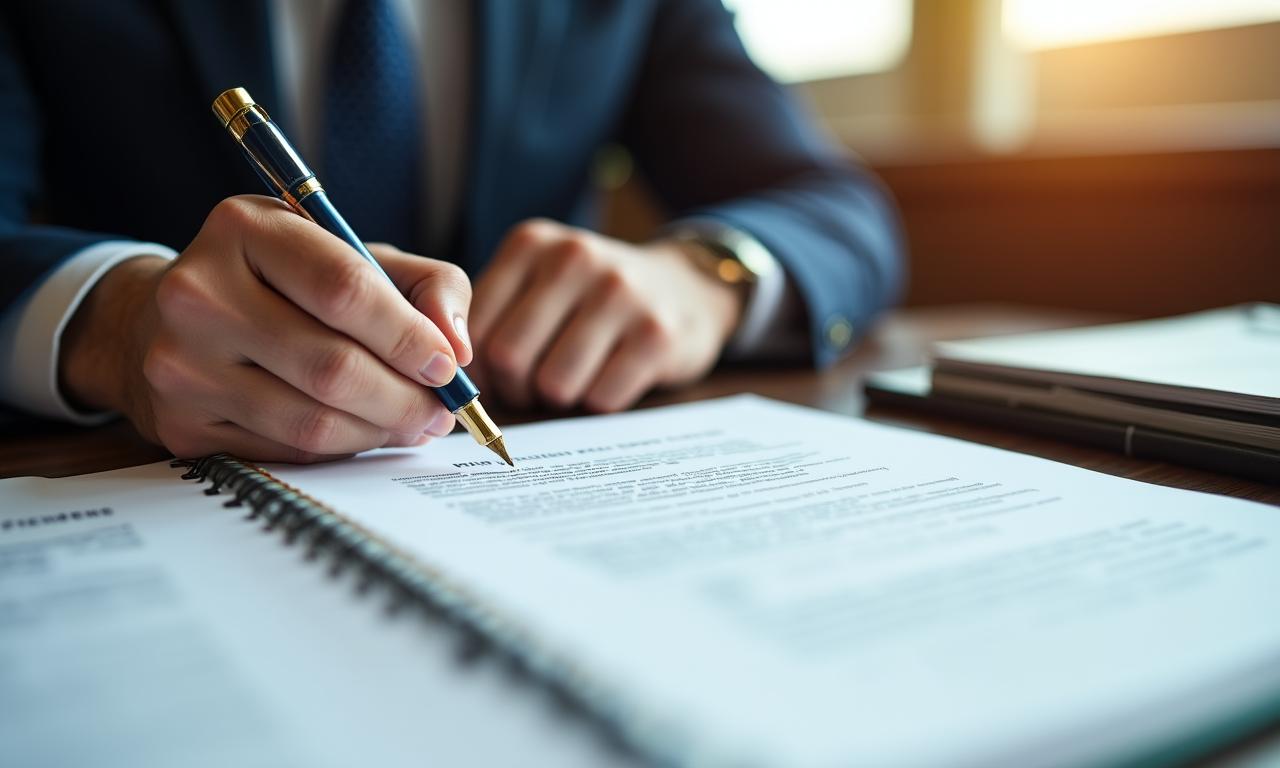 Close up of a legal professional reviewing a detailed contract with a fountain pen