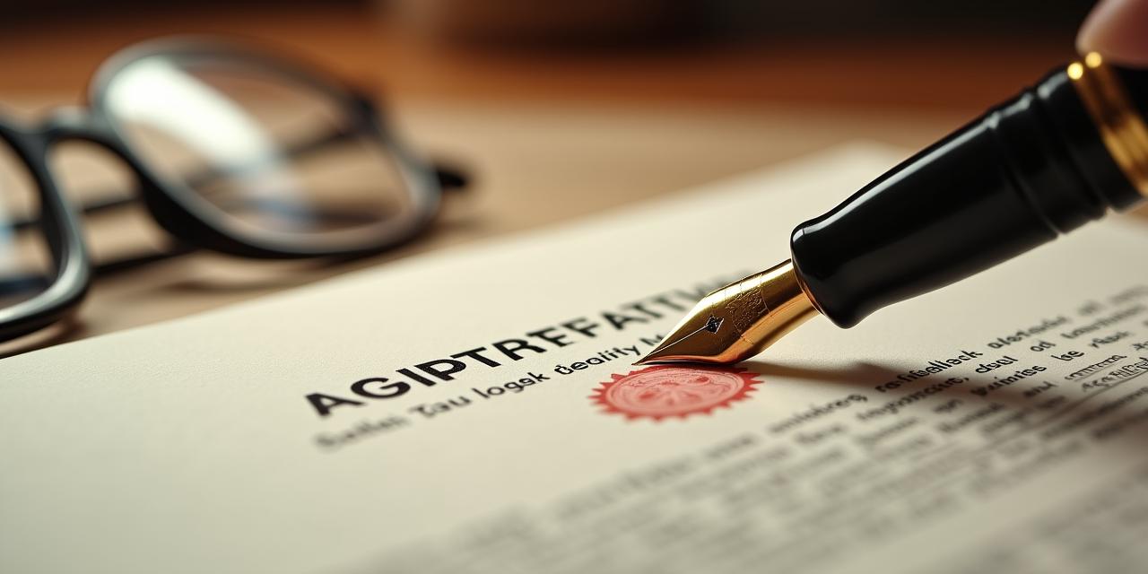 Close-up of legal documents, a fountain pen, and a pair of glasses on a mahogany desk